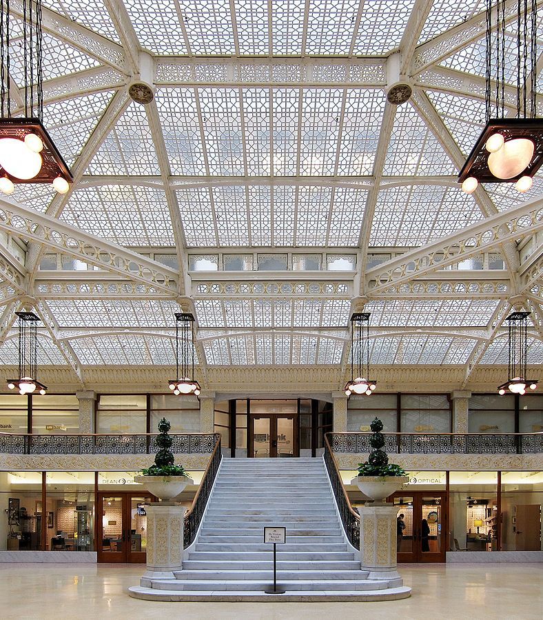 "A stunning glass ceiling in a modern architectural building in Chicago"
