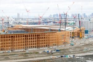 Photo of the Egyptian Pavilion project under construction with lifting machines visible