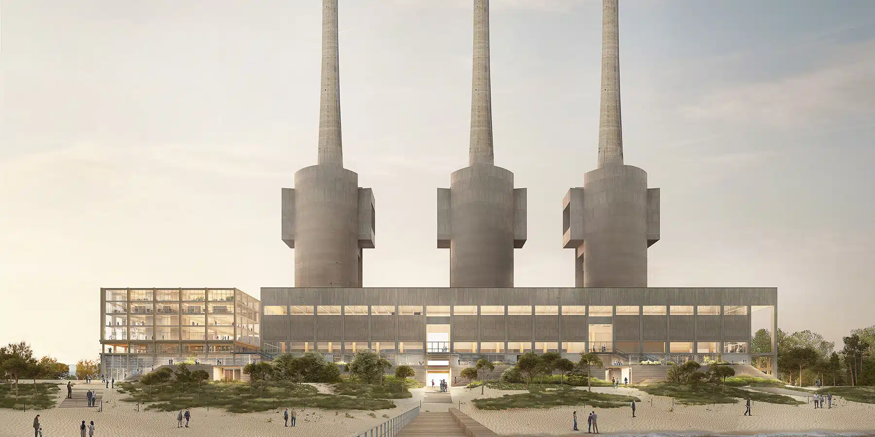 Industrial building with three tall chimneys