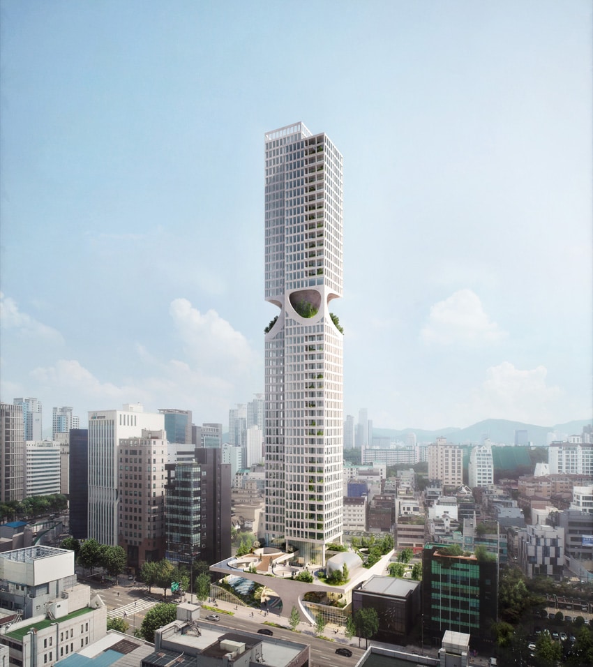 Modern skyscraper with unique design in an urban area