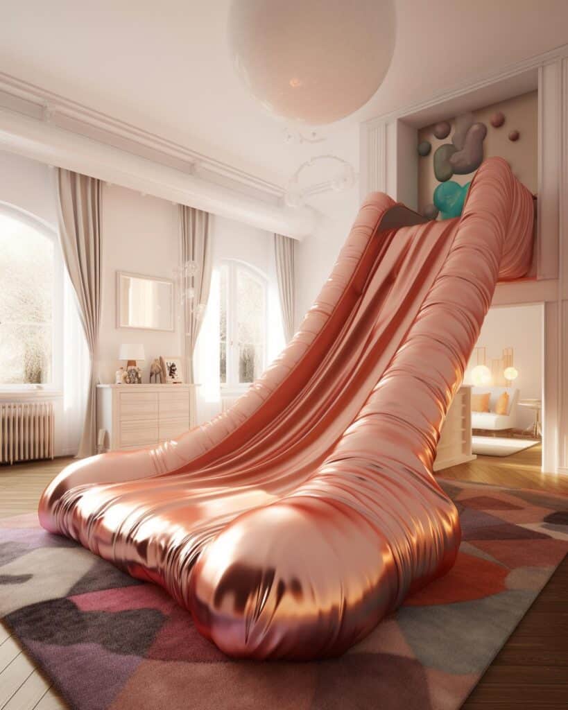 Innovative Copper Bedroom Slide with Colorful Rug in Classic Decor.