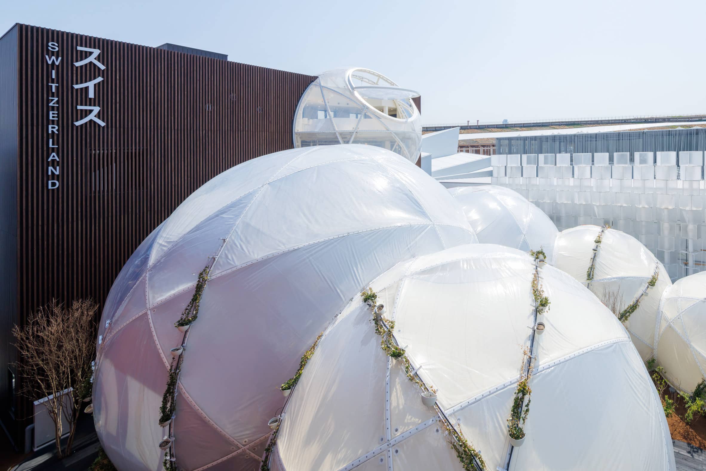 A high-level view of the Switzerland Pavilion at the 2025 Osaka Expo by Manuel Herz Architects.
