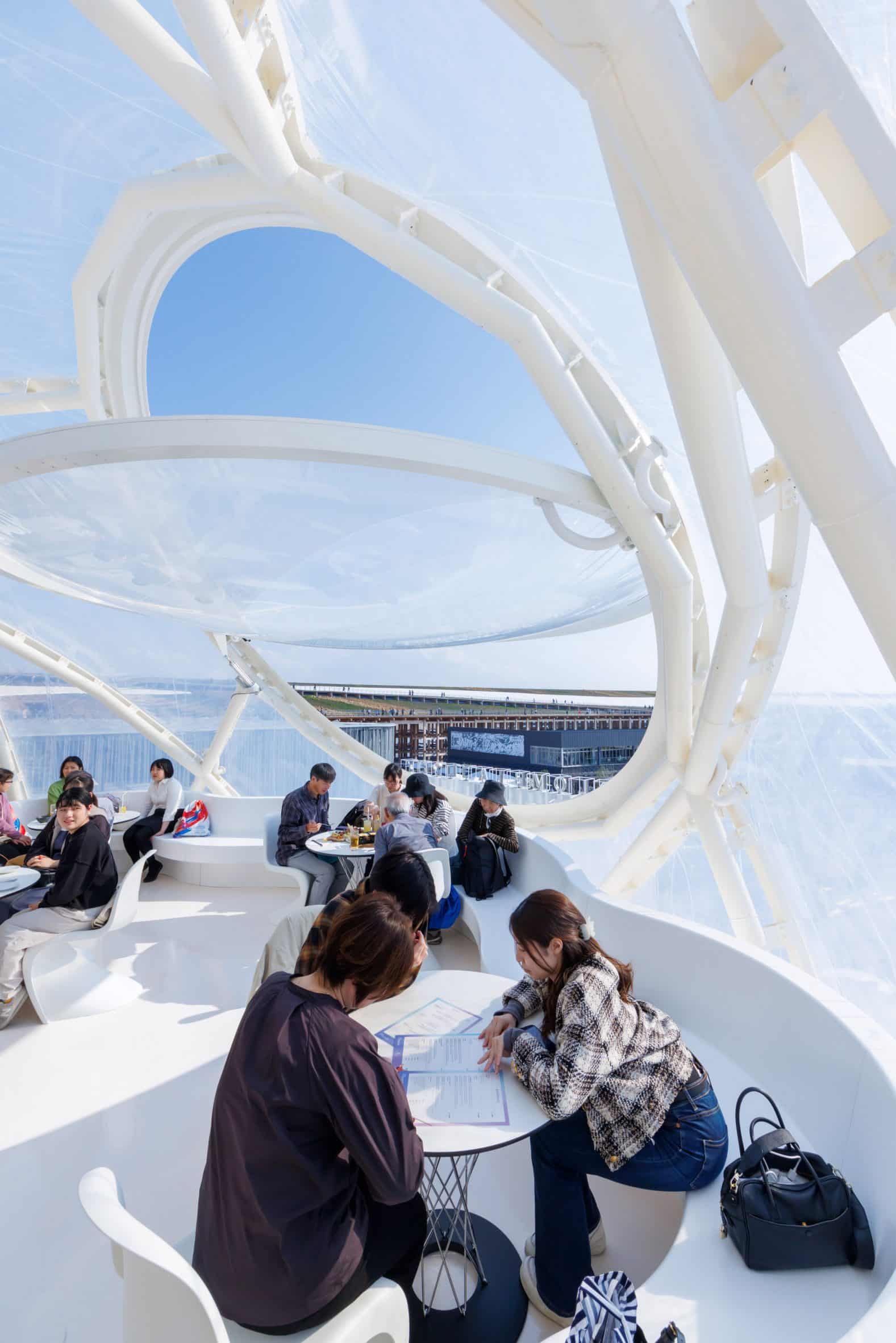 A café inside the inflated sphere.