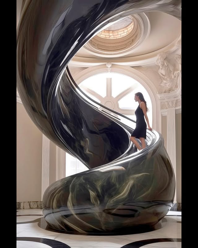 تصميم الدرج الحلزوني بالذكاء الاصطناعي باستخدام الرخام الأسود داخل مساحة داخلية كلاسيكية