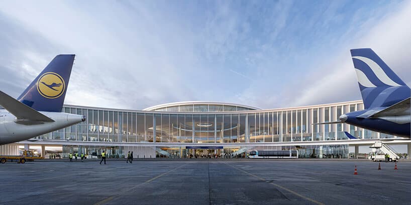 Modern airport glass facade viewed from the tarmac