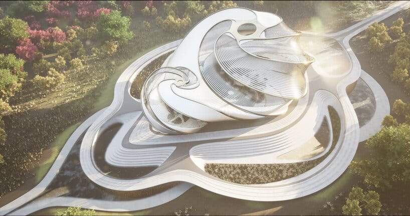 شكل معماري فني وسط الأشجار والنباتات باللون الفضي