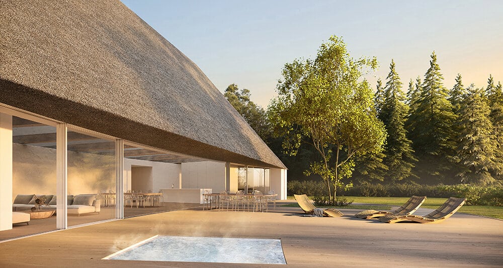 Outdoor terrace with lounge chairs and a small pool beside a modern house