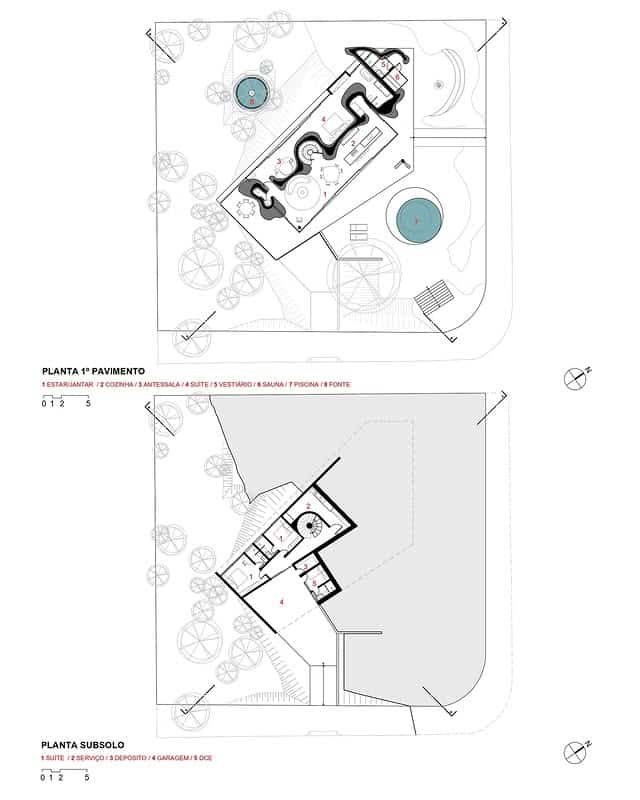 Architectural plans showing the layout of the main and lower floors of the Seriema House