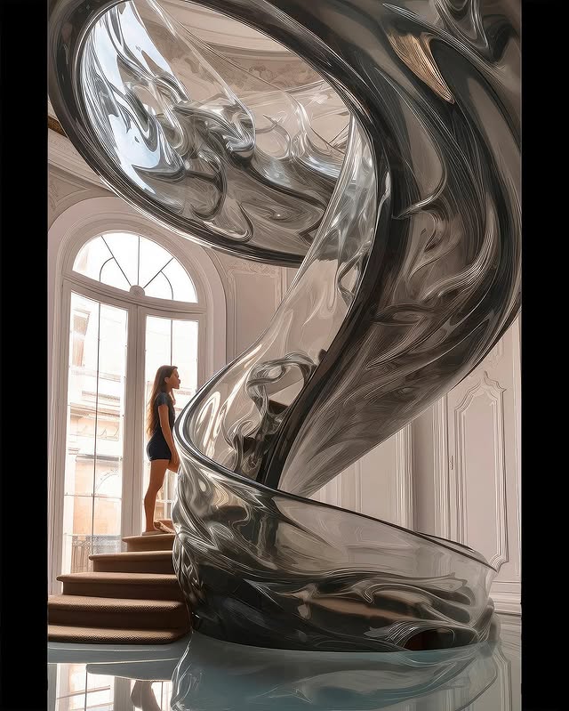 تصميم درج حلزوني شفاف باستخدام الذكاء الاصطناعي داخل مساحة داخلية حديثة