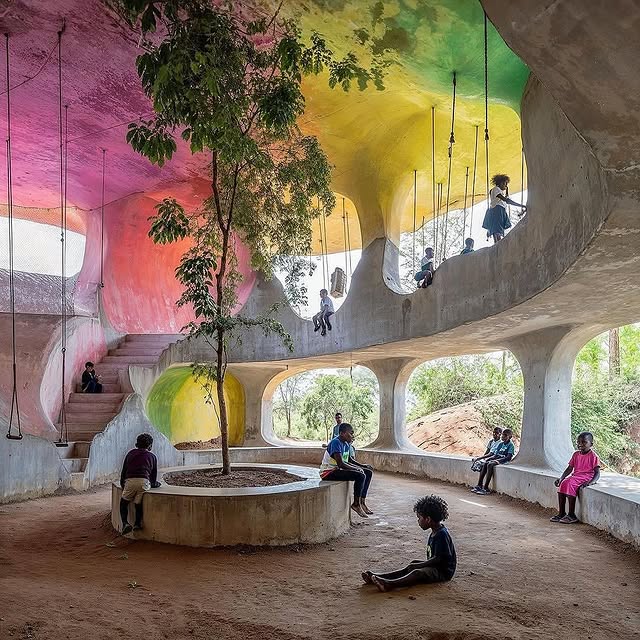 Outdoor play area in Kenyan school with a giant tree and suspended bridges