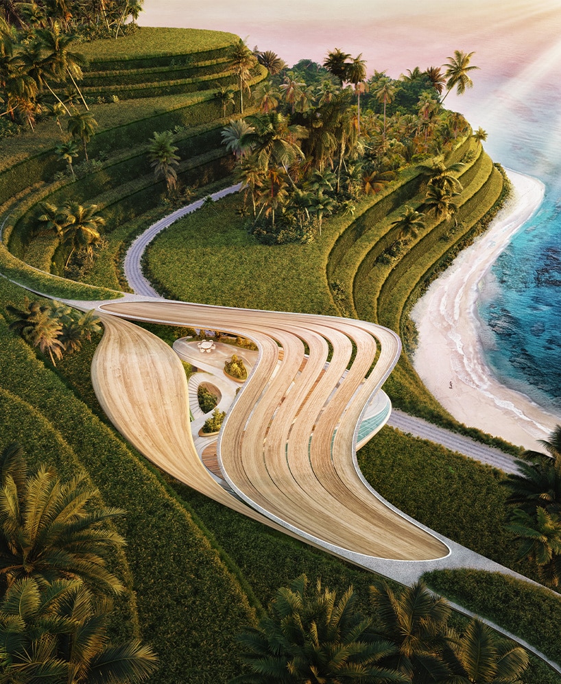تفاصيل مواد التصميم المستدامة مثل الخشب المعاد تدويره والحجر المحلي المستخدم في نادي ويف