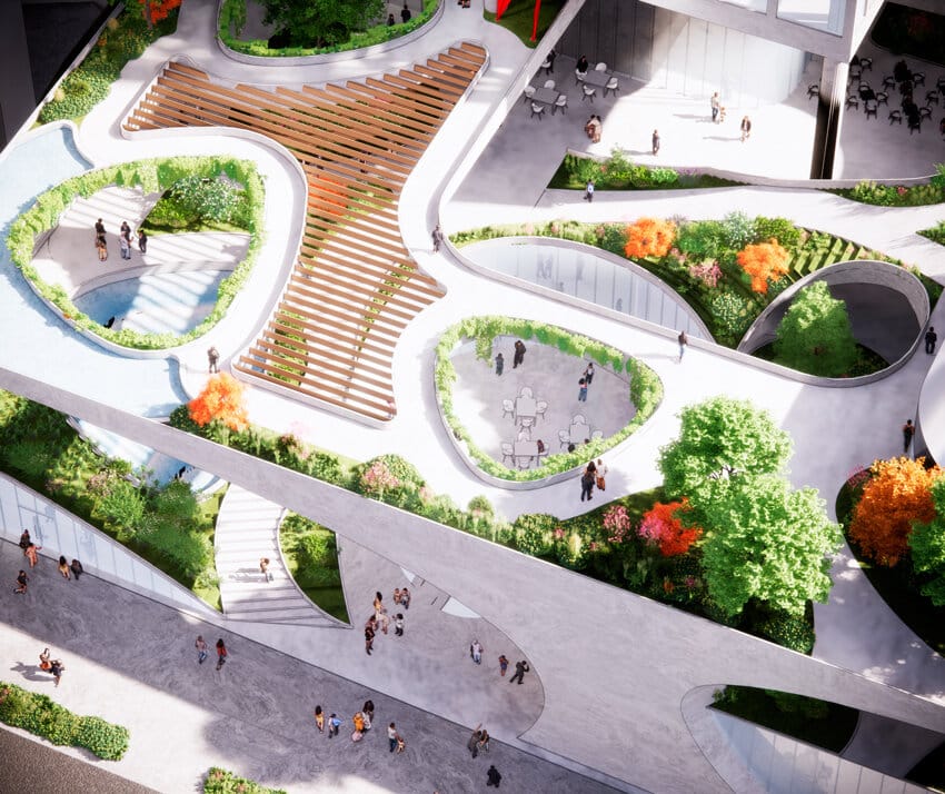 Modern rooftop green space with architectural landscaping in an urban building.