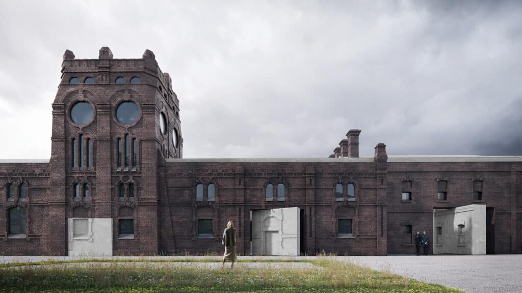 A historic brick building transformed into a modern art gallery using movable architectural elements.