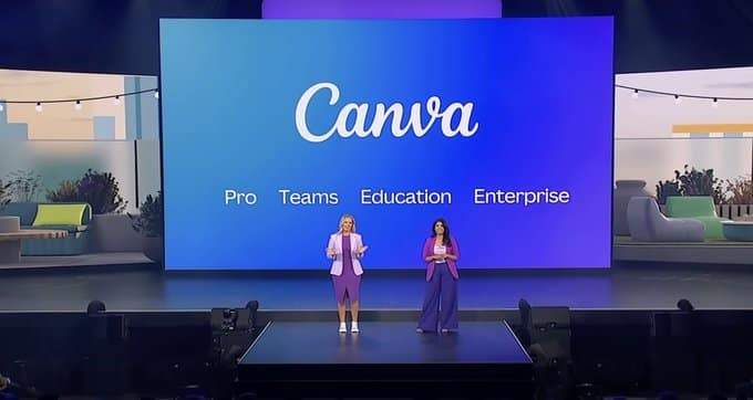 عرض تقديمي في مؤتمر Canva Create 2025 يعرض خدمات التصميم المتقدمة