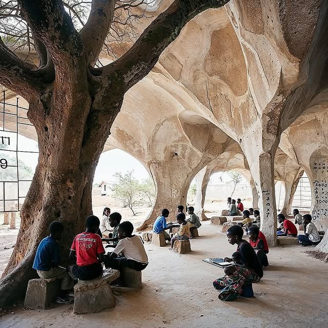 Sustainable school design in Kenya featuring indoor trees and curved walls