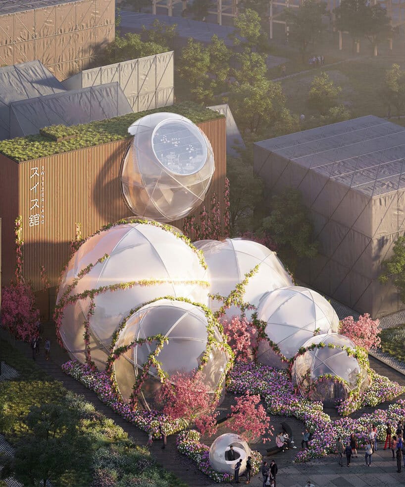 The Swiss Pavilion at Expo 2025 Osaka, featuring large transparent spheres