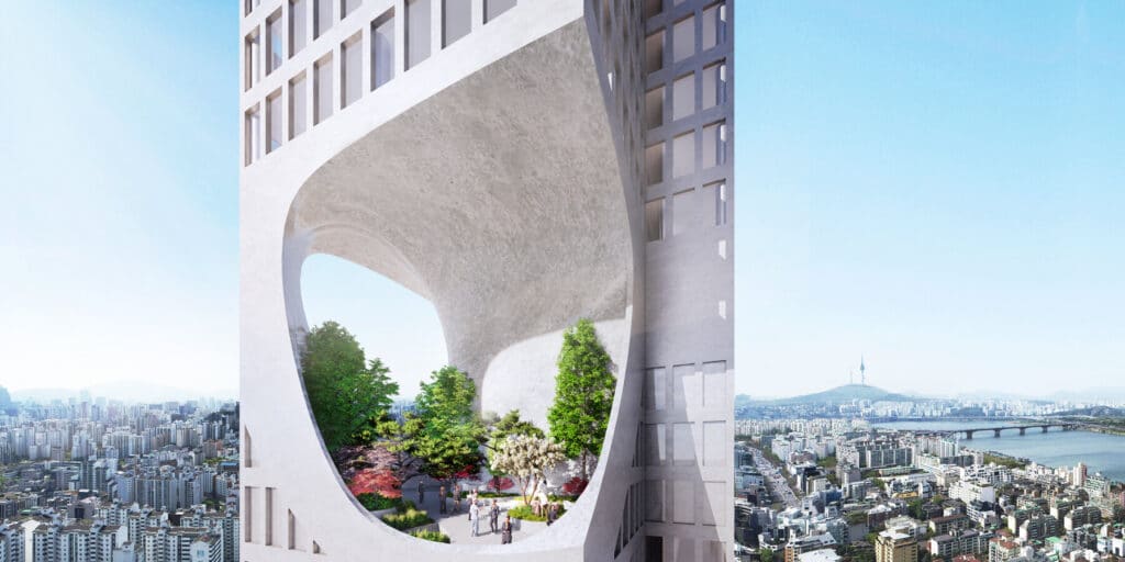 Elevated green terrace within a skyscraper overlooking the city