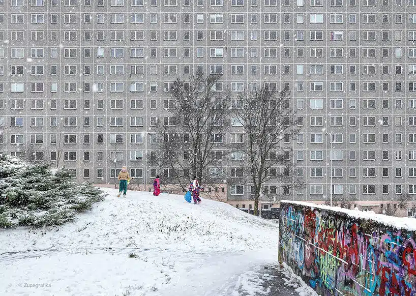 Children playing in the snow near a post-war concrete residential block featured in Eastern Blocks 
