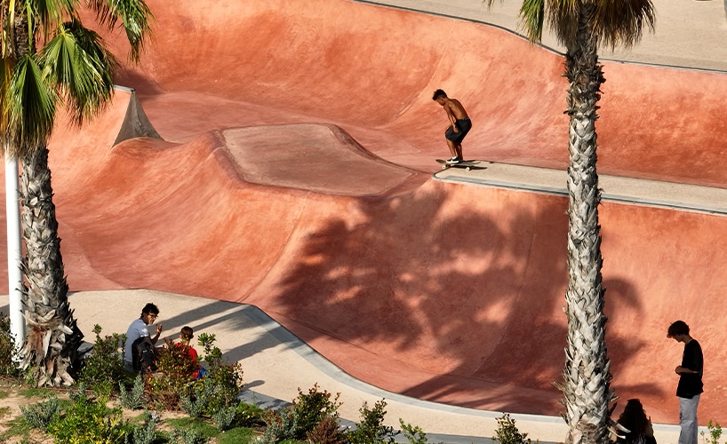 "Person performing a trick on a skateboard inside the Cannes skatepark bowl."