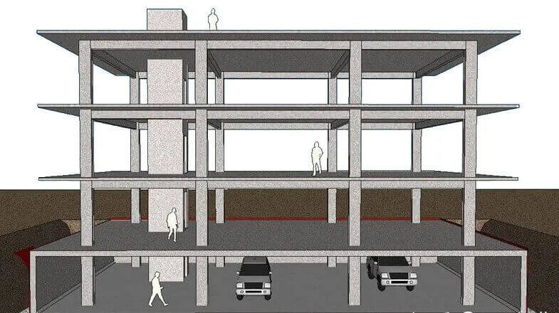 design model of a multi-story building showing structural elements and various spaces."