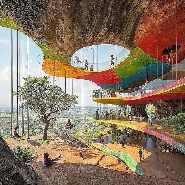 Students learning in a colorful natural classroom with trees and skylights in Kenya.