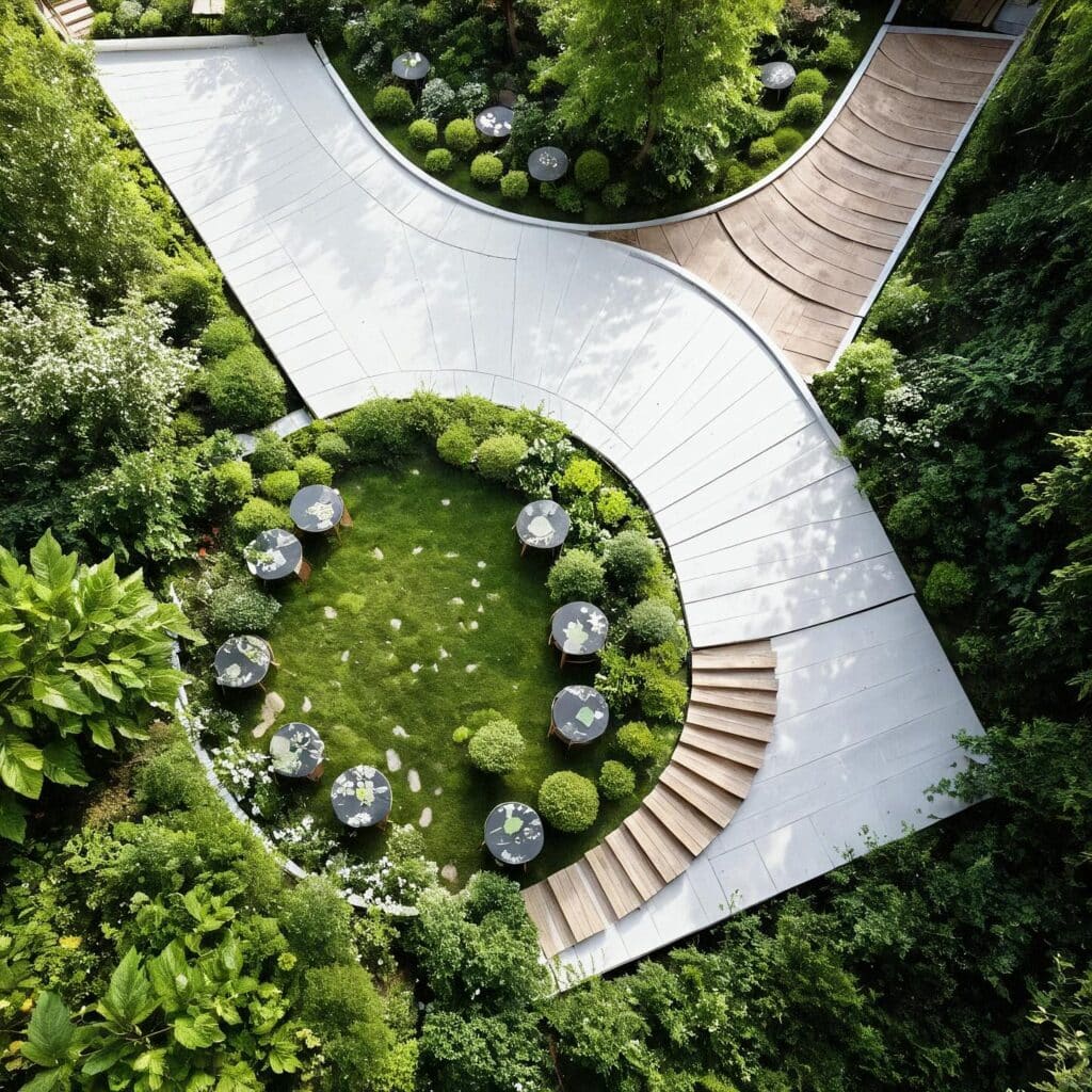 Contemporary geometric garden design with curved shapes and organized green spaces