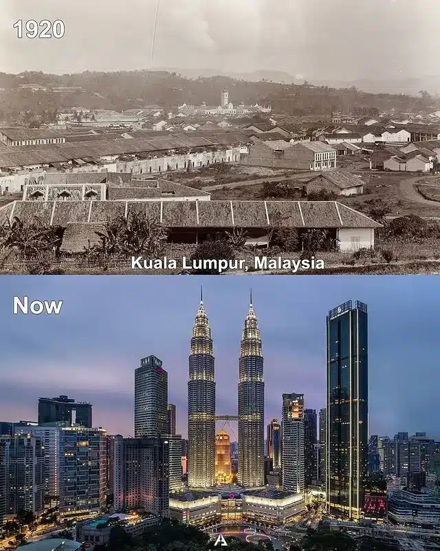 Image showing the urban transformation of Kuala Lumpur, Malaysia, from a modest town in 1920 to a modern city filled with skyscrapers.