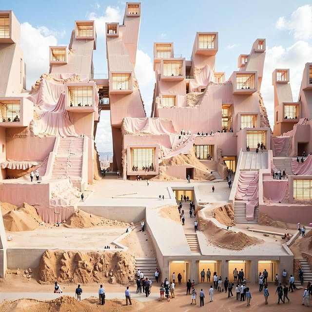 واجهة متحف وردي تبرز التصميم الهندسي المندمج مع الأرض