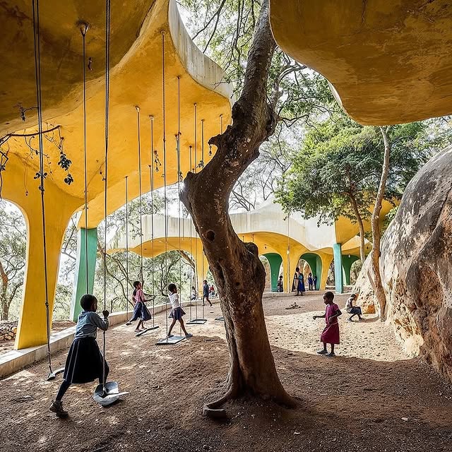 Sustainable school design in Kenya with multi-level floors and vibrant colors
