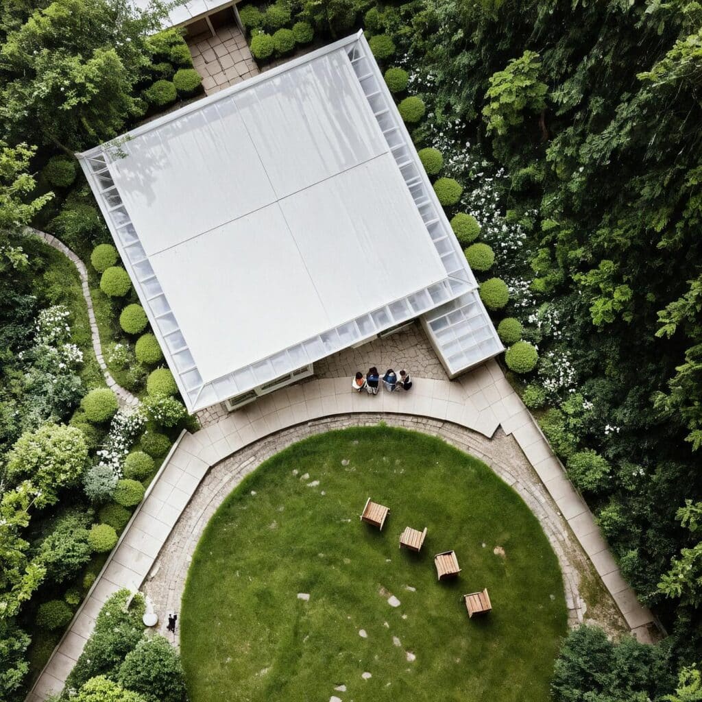 Contemporary geometric garden design with square structures and organized circular green spaces