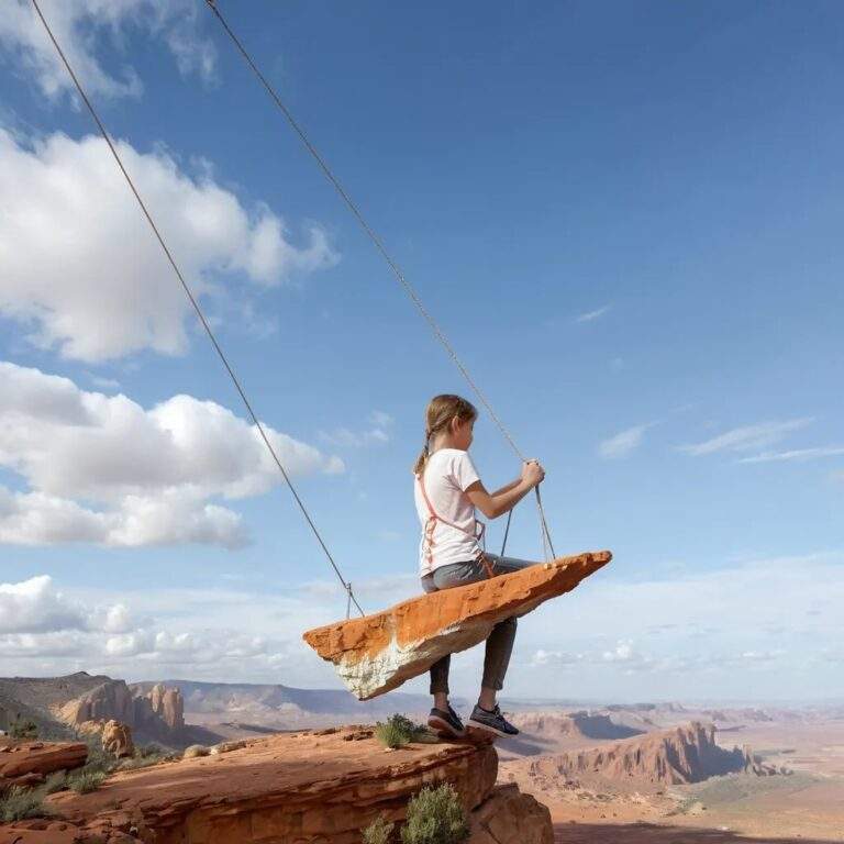 "Child swinging on a rock platform at a desert cliffside retreat"