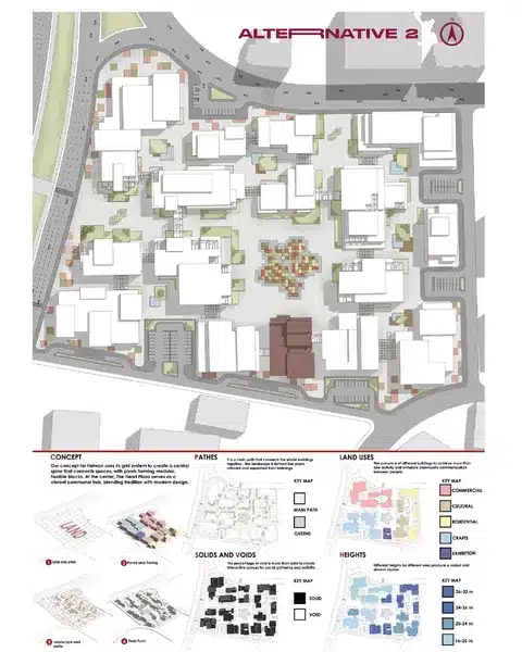 "Urban design concept map showcasing alternative layouts, land uses, and spatial organization."