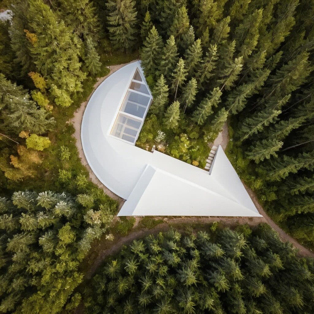 Contemporary geometric garden design with curved shapes and organized green spaces