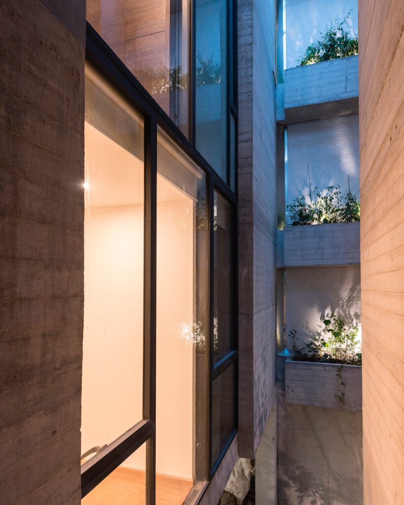 Interior corridor in Cuajimalpa residential project with windows and illuminated plants
