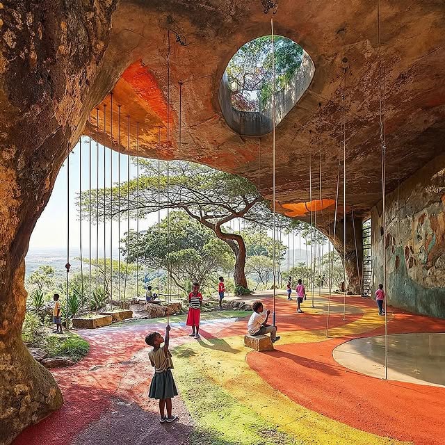 Students sitting under a giant concrete canopy with a tree growing above in Kenya