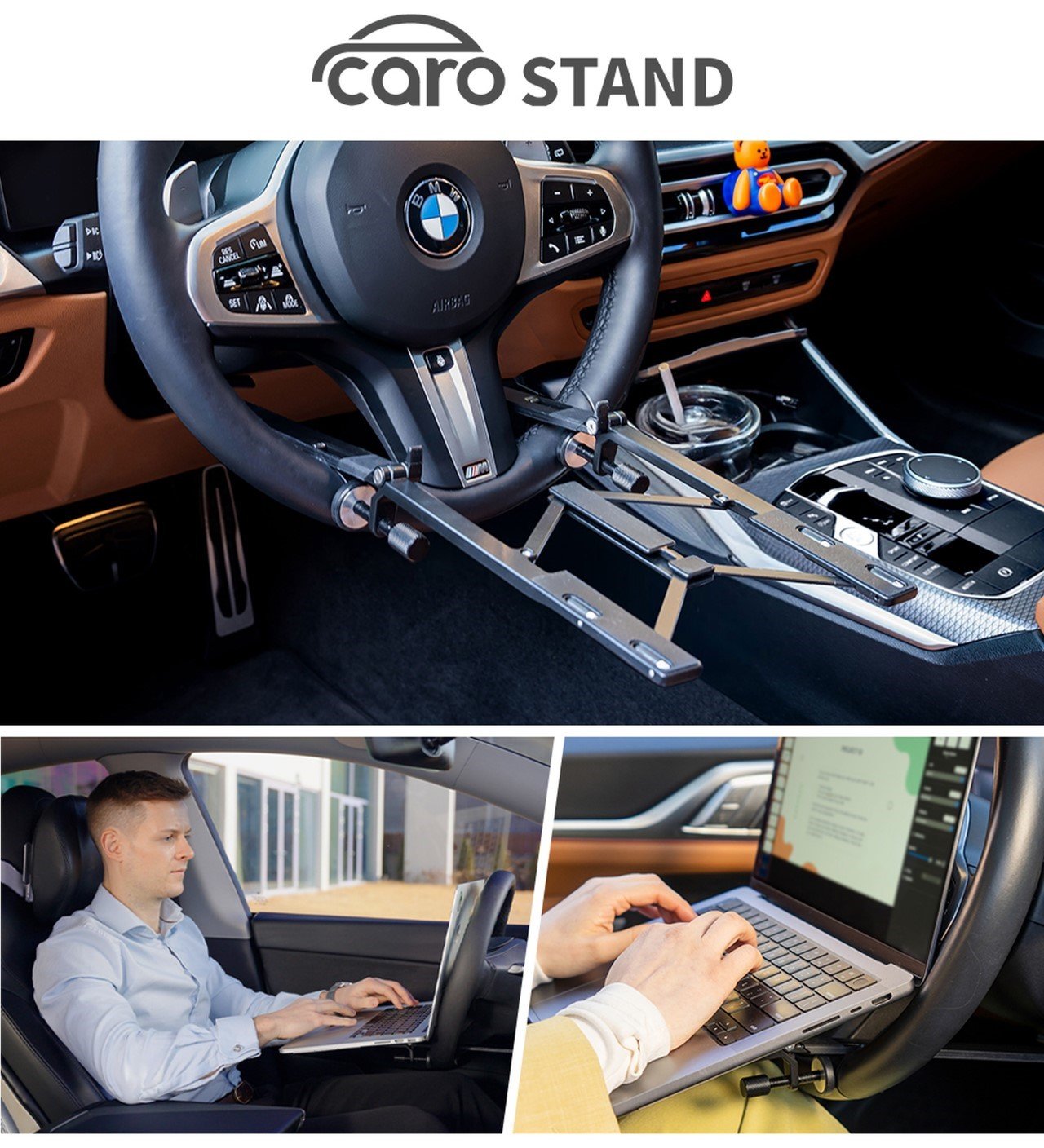 Man using a car table to work on laptop while parked