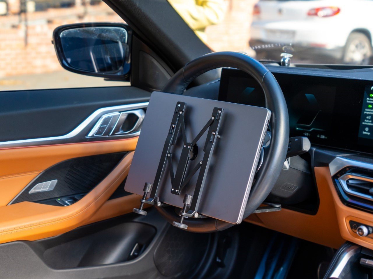 Desk in folded and stored position inside the car