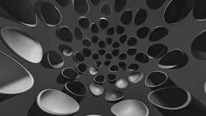 Mesmerizing abstract tunnel composed of geometric 3D shapes in a grayscale color palette.