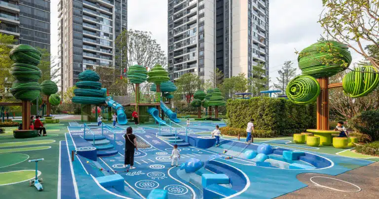 تشكل الهياكل المنحنية متعددة الألوان playscape تشبه الغابات من قبل مائة مهندسين في قوانغتشو
