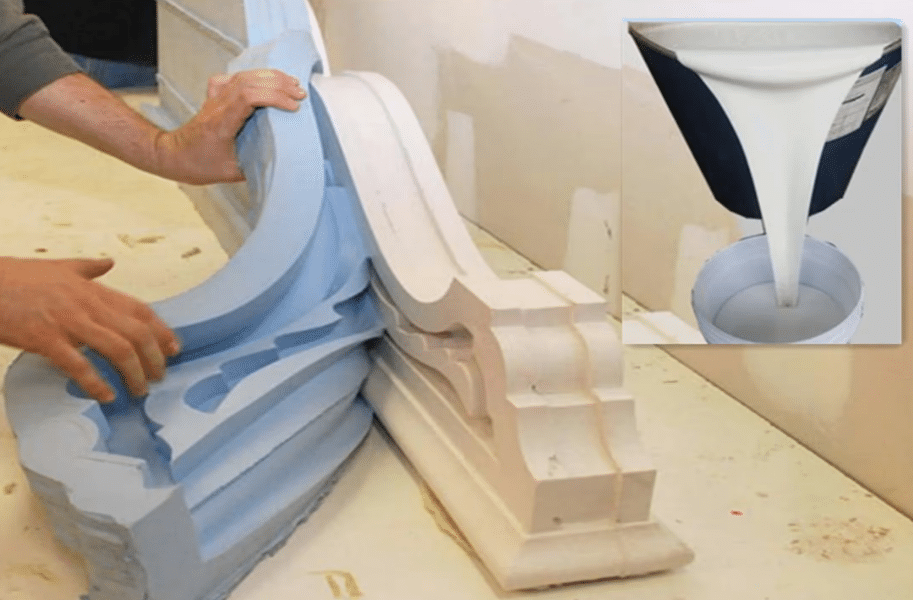Hands holding a piece of Glass Fiber Reinforced Concrete (GRC) with an intricate architectural design, next to a completed version. In the top right corner, a liquid mixture of GRC is being mixed using a pump