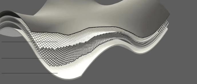 3D digital rendering of an architectural element made from Glass Fiber Reinforced Concrete (GRC), featuring a wavy design with visible glass fibers, highlighting both form and functionality.