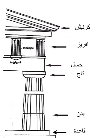 رسم توضيحي يوضح أجزاء العمود الكلاسيكي، بما في ذلك القاعدة، الجذع، الرأس، الحز الأمامي، والكورنيش