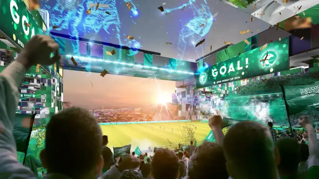 "Al-Amir Muhammad Bin Salman Stadium celebrating a goal with vibrant lights and cheering fans in its innovative arena."