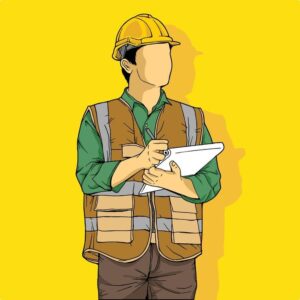 A construction worker wearing a hard hat and safety vest, holding blueprints and reviewing details.