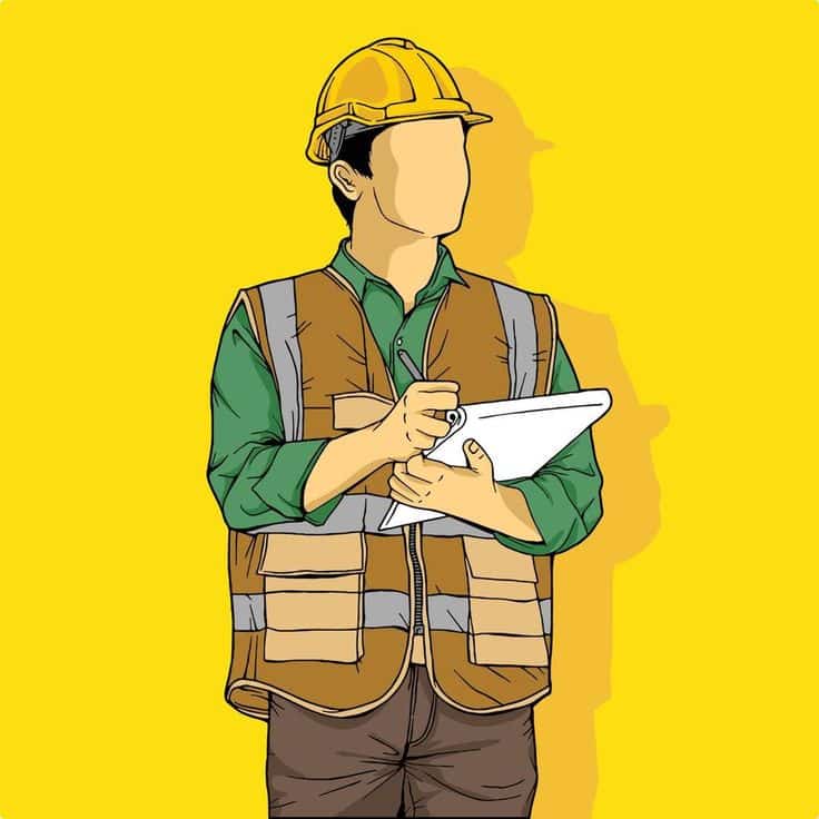 A construction worker wearing a hard hat and safety vest, holding blueprints and reviewing details.