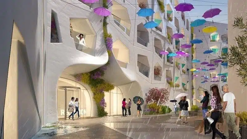 "Sustainable building design with storm resilience features, including greenery and shade, as people walk under umbrellas during rain."