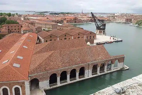 "A panoramic view of the Arsenale area in Venice, hosting part of the Venice Biennale 2024 events."