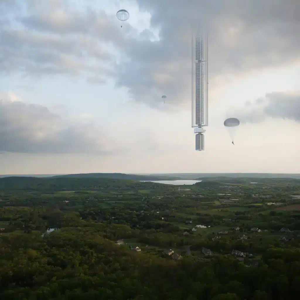  futuristic skyscraper suspended in the sky, tethered to an asteroid, with a view of a lush landscape below. The structure is connected by cables and features advanced technology for power and sustainability.