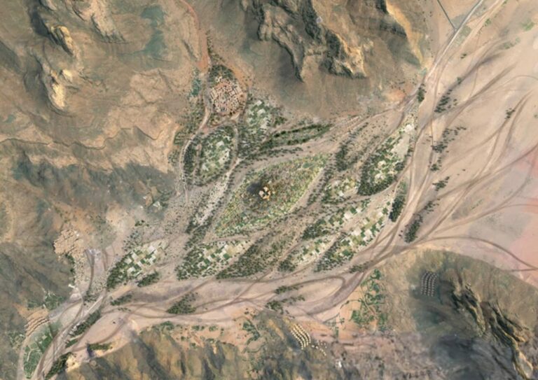 Aerial view of Wadi Disah development showcasing the natural landscape and surrounding areas