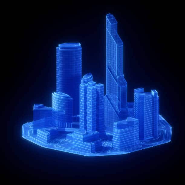 A 3D blueprint of an urban area illuminated in blue, showcasing a cluster of tall buildings and various levels.